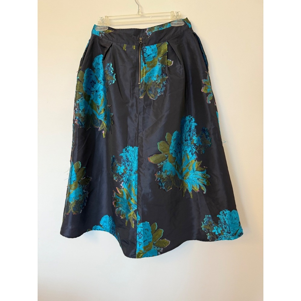 Anthropologie Floral Brocade Midi Skirt Womens Navy Blue Turquoise A-Line Party - Picture 8 of 16